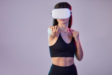 Fitness, vr or girl boxer in metaverse on studio background digital gaming on cyber sports with mock up. Woman, fist or virtual reality user fighting or gamer boxing in futuristic 3d ai experience