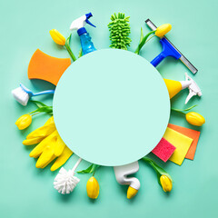 Flat lay composition with cleaning supplies, tools and spring flowers on colorful background - obrazy, fototapety, plakaty