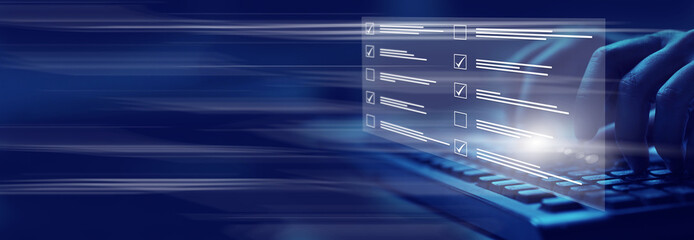 Survey form, check marks on checklist, filling online form and answering questions concept.