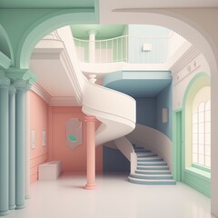 Abstract architectural concept, interior and exterior design. Pastels, colorful. Background or wallpaper. Generative AI
