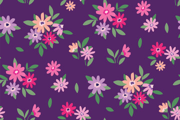 Seamless floral pattern, girly ditsy print with tiny cute flora. Pretty botanical design with small hand drawn flowers, leaves in liberty arrangement on purple background. Vector illustration.
