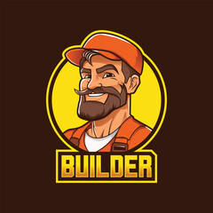  Builder Mascot Logo Cartoon, Construction Worker Logo, Bearded builder, logo template for building and architecture business identity