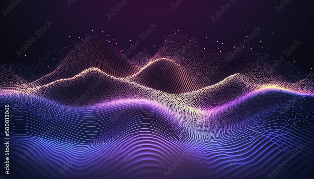 Poster a landscape of 3d waves with connected dots in the background is technology. particles, virtual real