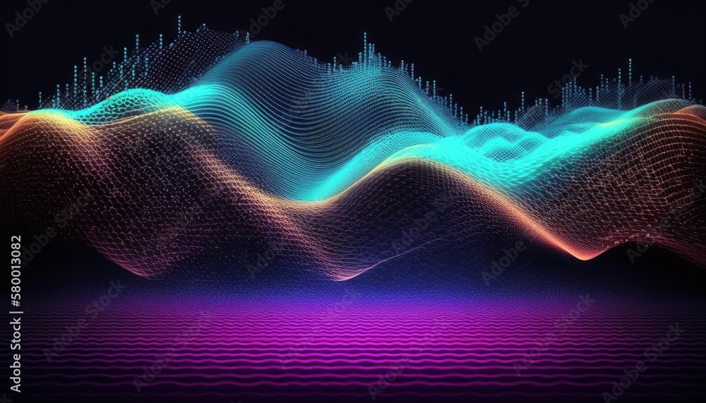 Poster a landscape of 3d waves with connected dots in the background is technology. particles, virtual real