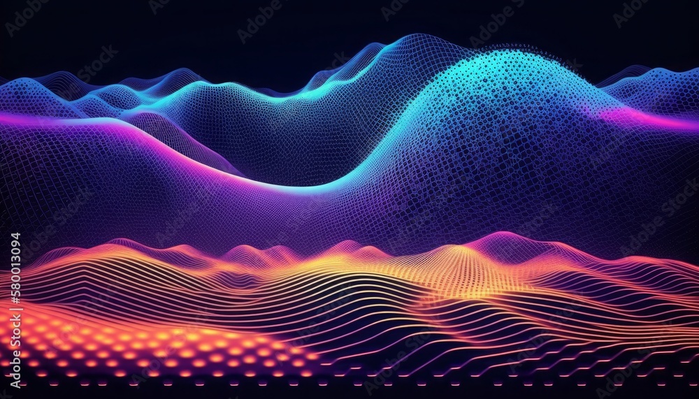 Poster a landscape of 3d waves with connected dots in the background is technology. particles, virtual real