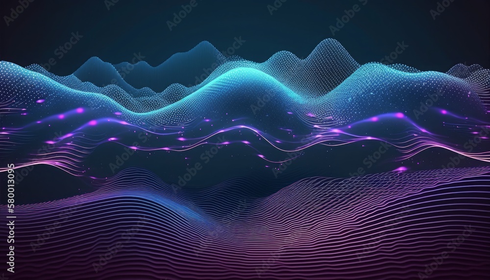Poster a landscape of 3d waves with connected dots in the background is technology. particles, virtual real