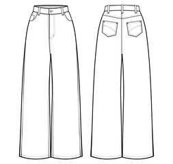 High-Waisted Baggy Wide-Leg Jeans flat technical drawing template. Denim jeans technical fashion Illustration, front and back view, white, CAD mockup.