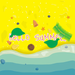 Summer background, the sand on which lies coconut leaves,shells,starfish,against the backdrop of a tide from the sea