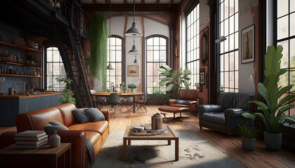 Living room with sofas in loft style flat