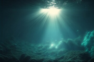 Fototapeta na wymiar 水中 光 海底 魚 海 太陽 深海 泡 海藻 洞窟 青, generative ai