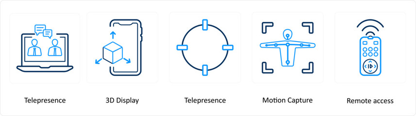 A set of 5 Virtual Reality icons as wiered gloves, interactive design, hologram