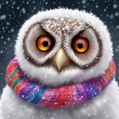 Cute cartoon owl in scarf sitting at winter, Generative AI