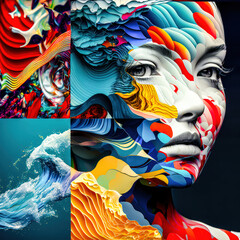 Fototapeta na wymiar Porträt eine Frau Patchwork Op-Art Abstrakt Surreal Artwork Generative AI Digital Art Kunst Cover Hintergrund Wandbild