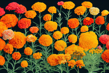 Ravishing realistic illustration field of vivid and blossom marigold flowers in the meadow during spring time. Natural floral background with realistic detail by Generative AI.