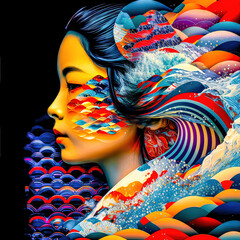 Porträt eine Frau Patchwork Op-Art Abstrakt Surreal Artwork Generative AI Digital Art Kunst Cover Hintergrund Wandbild