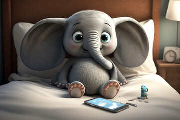 Baby Elephant Character Relaxing on Bed, Smiling baby animals in cartoon style, Pixar Style. Comic Art. Generative AI