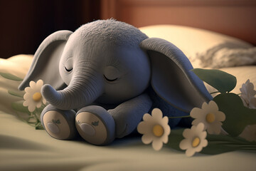 Baby Elephant Sleeping on Bed, Cute baby animals in cartoon style, Pixar Style. Comic Art. Generative AI
