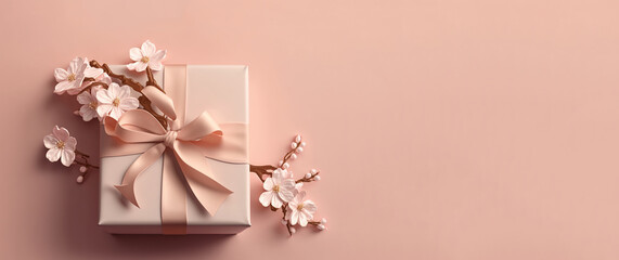 Cherry blossom branches and a gift wrapped with a bow on pink background. Generative AI