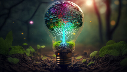 Tree growing in light bulb, sustainable energy saving and earth day environment concept, Generative AI.