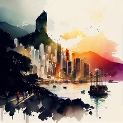 Keuken foto achterwand Aquarelschilderij wolkenkrabber  Hong Kong, watercolor, AI generative