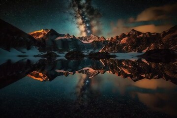 Beautiful landscape with galaxies reflecting in the mountain lake