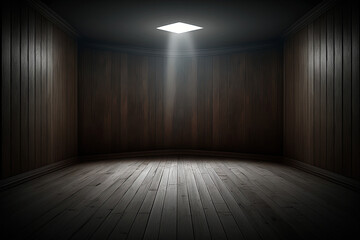 Dunkler leerer Raum aus braunem Holz mit Lichtspot, Holzraum
