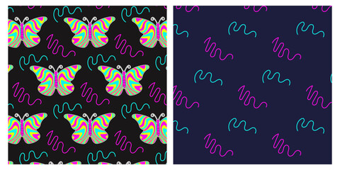Groovy seamless pattern with abstract neon butterflies and line on black background. Colorful background. Vector illustration