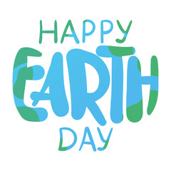 Happy Earth day handwritten lettering. Typography decorated with blue oceans and green continents. Card, poster, design template. Vector illustration