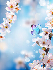 Fototapeta na wymiar Blossom tree over nature background with butterfly. Spring flowers. Spring background. Blurred concept.
