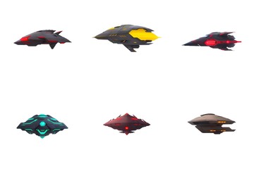 Alien Space Bomber Collection, Flying Colorful Accent Spacecraft Set, Colorful 2D Unit for Scifi Game or App, Side View, Isolated on White, Generative AI
