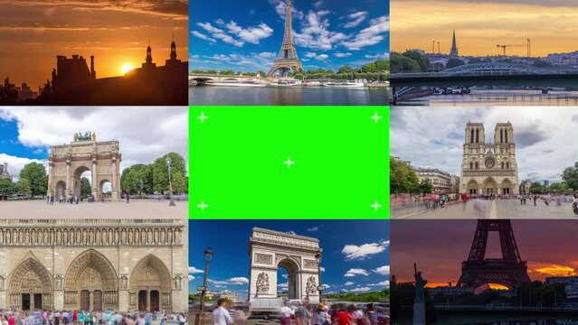Green Chroma Key Screen Collage of Paris timelapse hyperlapse, France. Collection of the most famous parisian landmarks: Eiffel tower, Triumphal Arch, Notre Dame, defense skyscrapers, etc. Zoom out