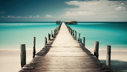 A view of a wooden pier extending towards the turquoise sea. Generative AI illustration.