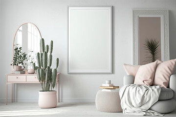 Fototapeta na wymiar Mockup frame in interior background, room in light pastel colors, Scandi Boho style, generative AI