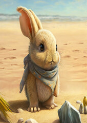 AI Baby cartoon Easter bunny lost on a hot beach. 3D Render