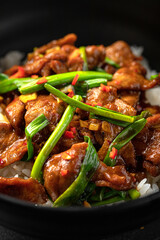 Asian cooked beef with spring onion and rice on black background