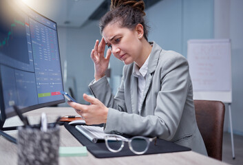 Sad, stock market and stress business woman lose or fail or disappointed in trading and frustrated in office with a headache. Employee, burnout and corporate worker depressed by data or crypto crash