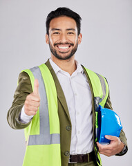 Portrait, civil engineering or happy man in studio with thumbs up, smile or real estate building success. Winning designer, architecture or contractor project management goals, agreement or like sign