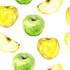 Watercolor green and yellow apples seamless pattern on the white background, Print graphic, fruit seamless pattern, summer apples, fruit drawing