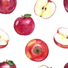 Watercolor red apples seamless pattern on the white background, Print graphic, fruit seamless pattern, red summer apples, fruit drawing