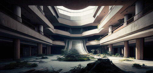 Abandoned Modern shopping center. Empty and decaying remains of an multi story shopping mall. Broken dreams. Generative AI.
