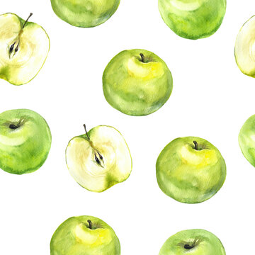 Watercolor green  apples seamless pattern on the white background, Print graphic, fruit seamless pattern, summer apples, fruit drawing