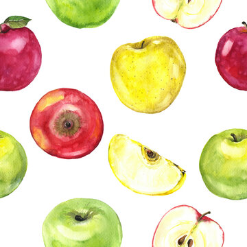 Watercolor green, red and yellow apples seamless pattern on the white background, Print graphic, fruit seamless pattern, summer apples, fruit drawing
