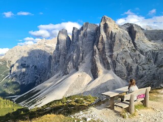 Majestic view to the famous Dolomites, Oberbachernspitze, Einserkofel, South Tyrol, Italy. Silent break - obrazy, fototapety, plakaty