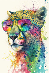 Cheetah wearing sunglasses, Psychedelic Illustration. Generative AI