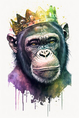 Chimpanzee wearing crown, Psychedelic Illustration. Generative AI