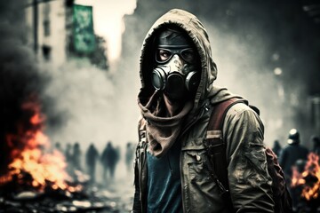 Fototapeta na wymiar Post-Apocalyptic Protester in Gas Mask - Photorealistic Illustration