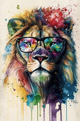 Lion wearing sunglasses, Psychedelic Illustration. Generative AI
