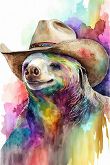 Sloth wearing Cowboy hat, Psychedelic Illustration. Generative AI