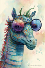 Seahorse wearing sunglasses, Psychedelic Illustration. Generative AI