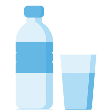 A plastic water bottle with a twist cap and a pint glass stand side by side. White background